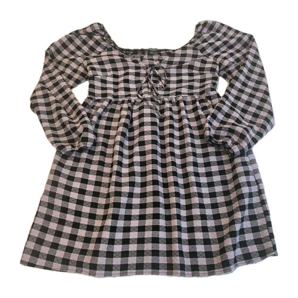 Wild Fable Lavender Black Gingham Babydoll Dress Puff Sleeve Tie Front M Skater